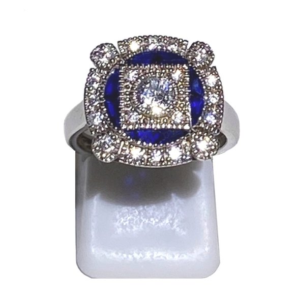 Sapphire Blue Spinel & Synthetic Diamond Estate Inspired Ring - Size 6, 7 or 8 - Picture 3 of 10